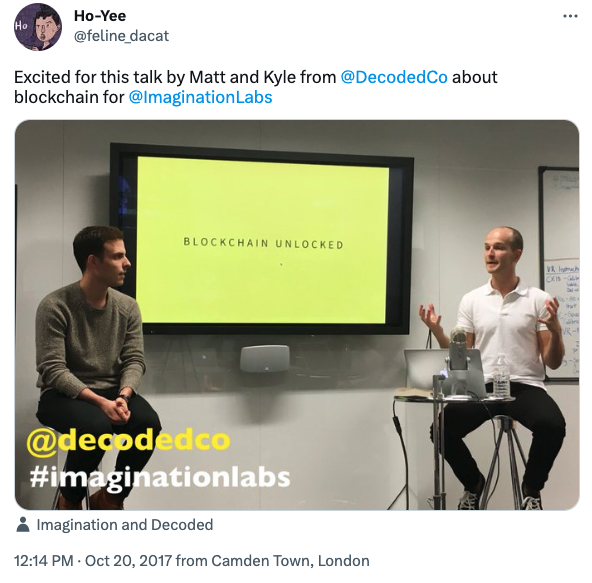 Excited for this talk by Matt and Kyle from Decoded about blockchain